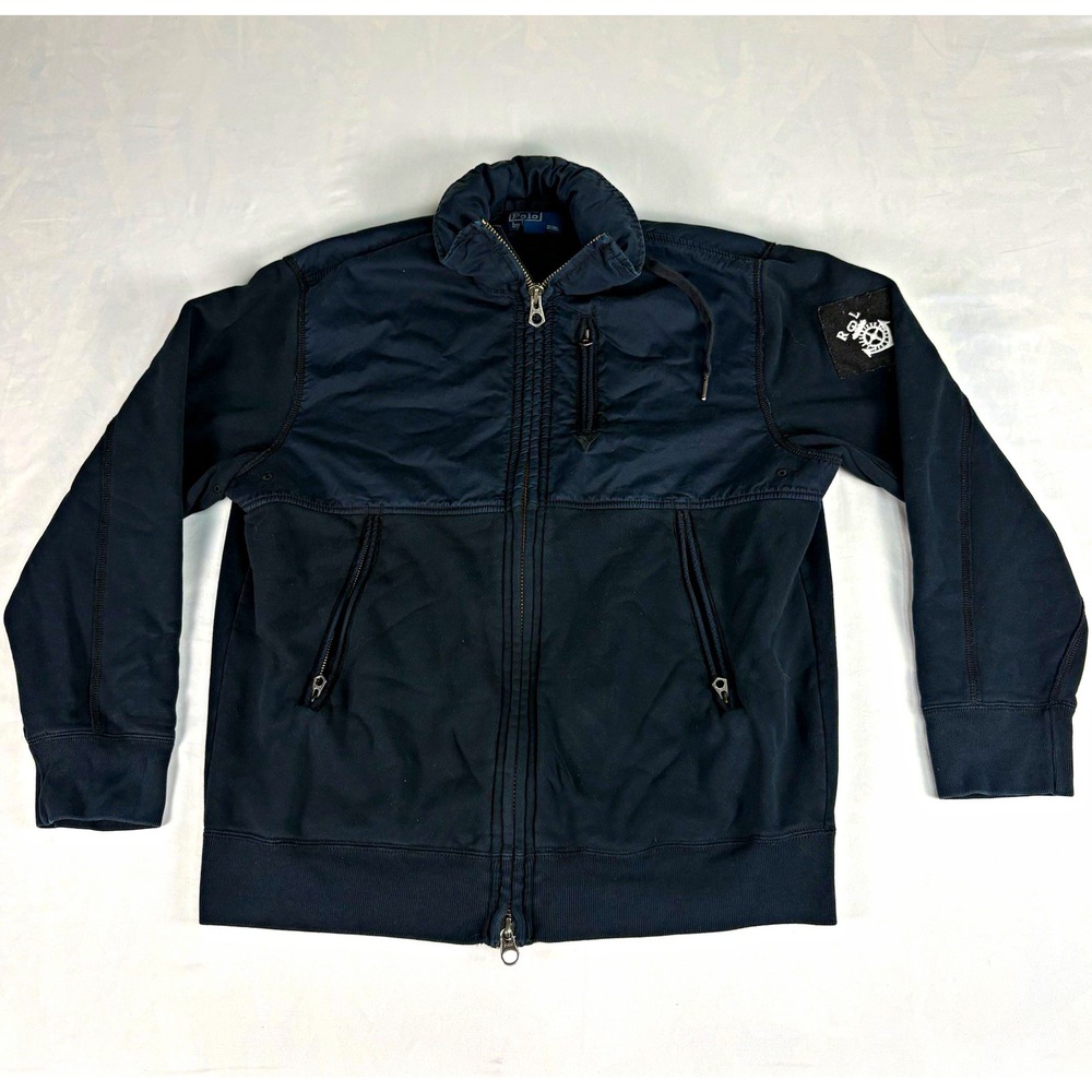 Y2K Polo Ralph Lauren Hybrid Zip Jacket Mens L Navy Stowaway Hood Anchor Patch